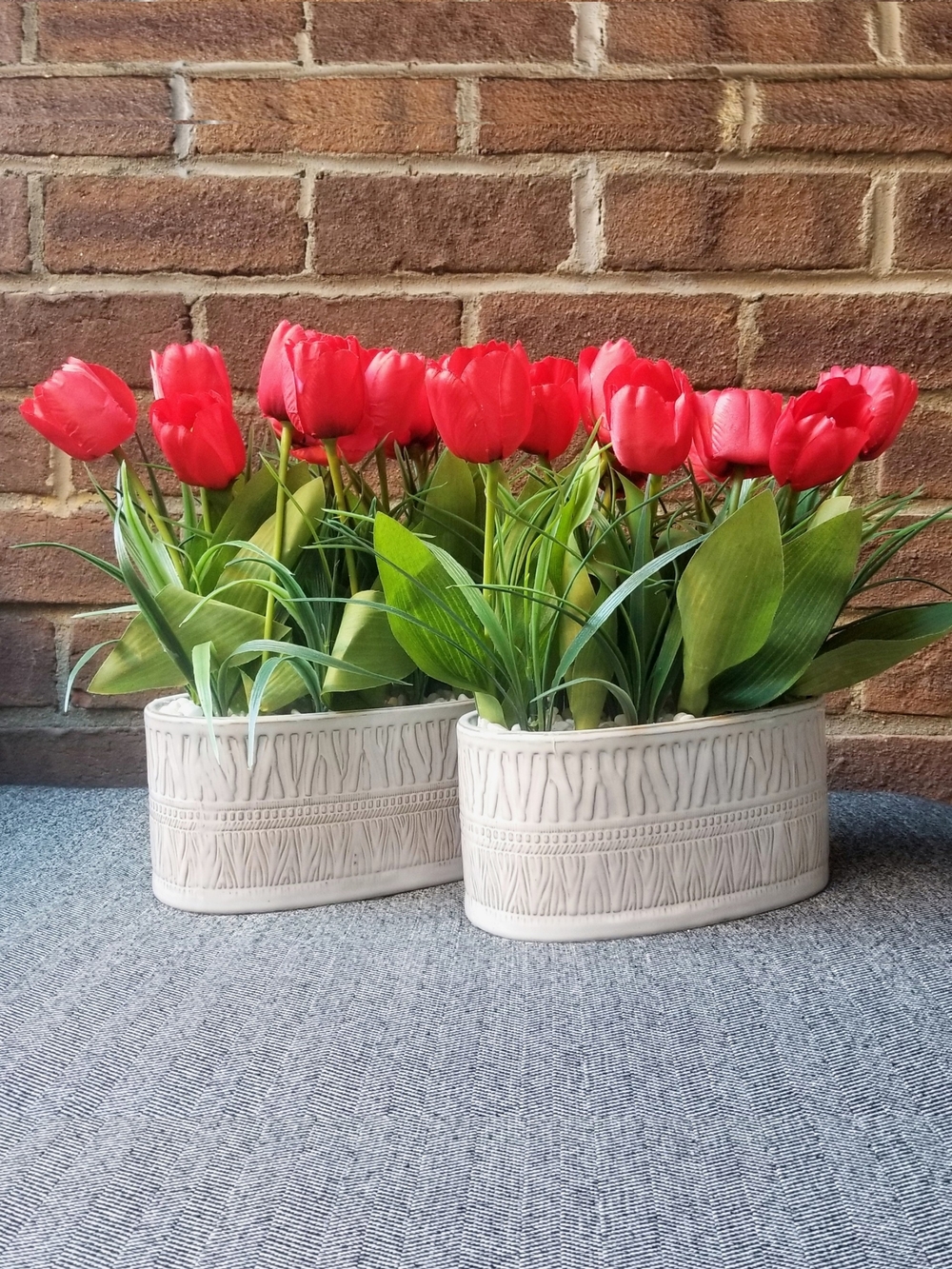 Red Tulips Artificial Arrangement in White Glazed Ceramic Planter